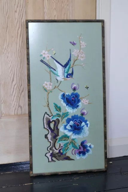 Vintage Needlepoint Hand Embroidery Picture Blossom Flowers Bird Framed Blue