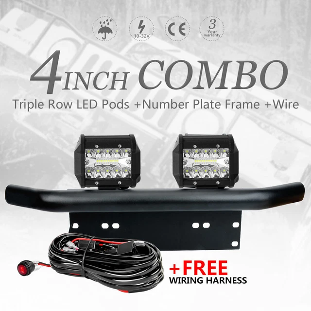 23-Inch Bull Bar Bumper License Plate Mount + 7-Inch LED Light Combo With Wiring Kit