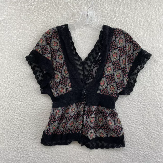 Bohemian Boho Grunge Blouse Top S Small Black Ditsy Floral Plunge V-Neck Lace