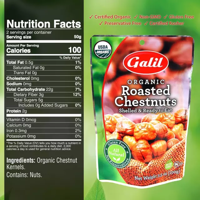 Galil Organic Roasted Chestnuts | Shelled | Ready to Eat Snack | Gluten Free, No 2