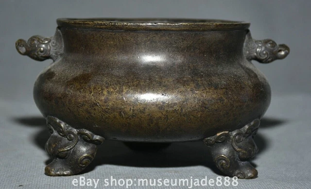 5.6 "  Marked Old Chinese Copper Dynasty 2 Ear Beast Leg incense burner censer