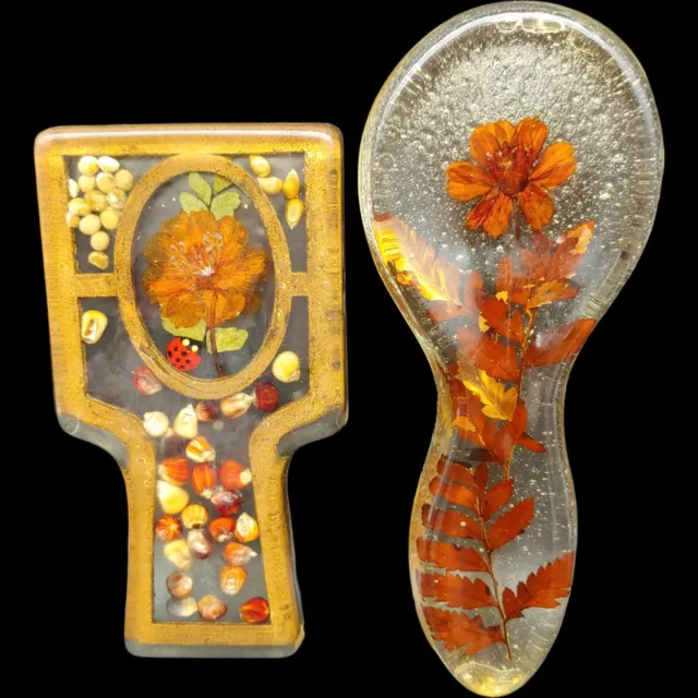 Lucite Acrylic Dried Pressed Flower Spoon Rests - 6" & 8" vtg Brown Floral Boho