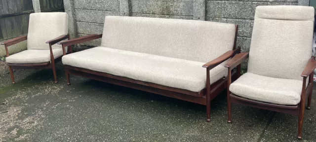 Rare Retro Teak Guy Rogers Sofa/Daybed & Matching Reclining Armchairs