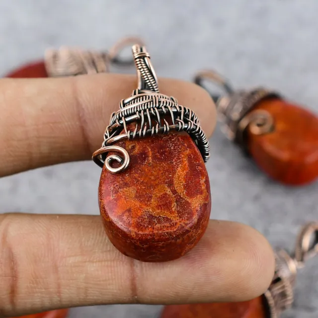 Natural Red Coral Gemstone Pure Copper Wire Wrap Handmade Pendant Gift For Her