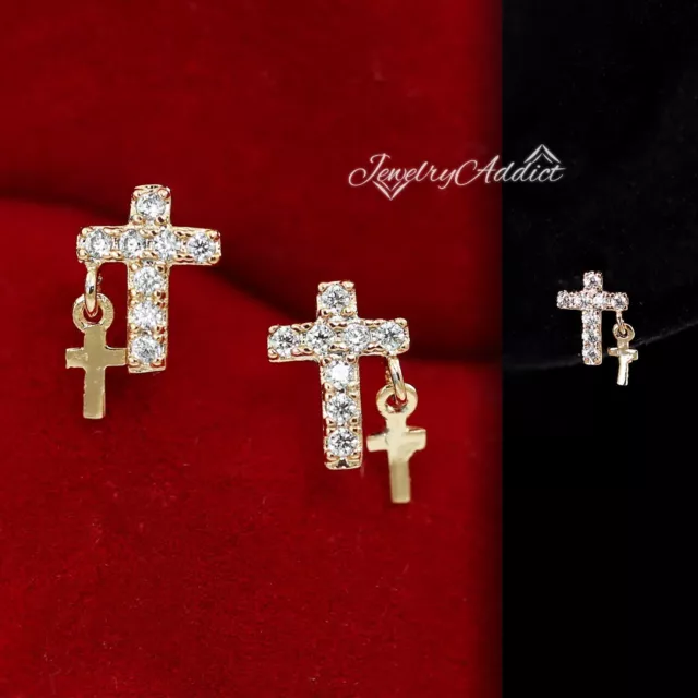 Mens Womens 18K Rose Gold Gf Mini Cross Drop Crystal Stud Punk Helix Earrings