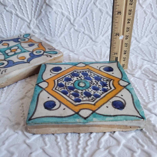 Pair of Moorish Ceramic Tiles, Vintage Moroccan Spanish Salvage Tile Coaster 3