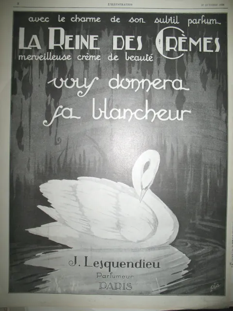 PUBLICITE DE PRESSE LA REINE DES CREMES BEAUTé CYGNE ILLUSTRATION PLA 1926
