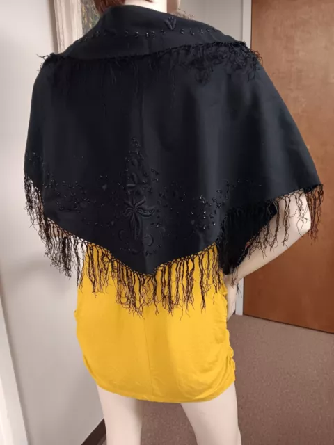 Antique Victorian Silk Fringed Wool Mourning Shawl with Jet Beading