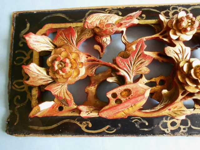 Antike Holz Schnitzerei um 1900 Relief Paneel China 15x38 Pfingstrose Vogelpaar 2
