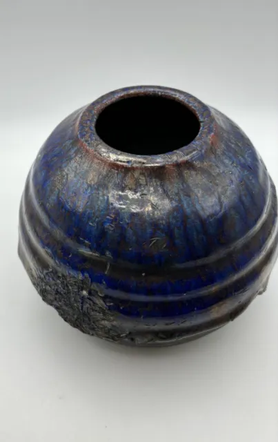 VTG Raku Studio Art Pottery Bowl Vase Drip Glazed Brown 4.5" signed MCM