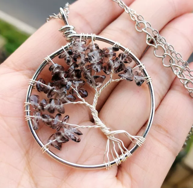 Natural Tea Crystal Gems Tree Of Life Necklace Chakra Reiki Healing Amulet