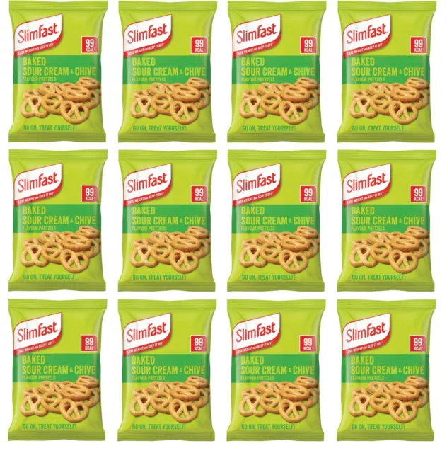 SlimFast Baked Sour Cream & Chive Pretzels Snack Bags 12x 23g BESTBEFORE APRIL23