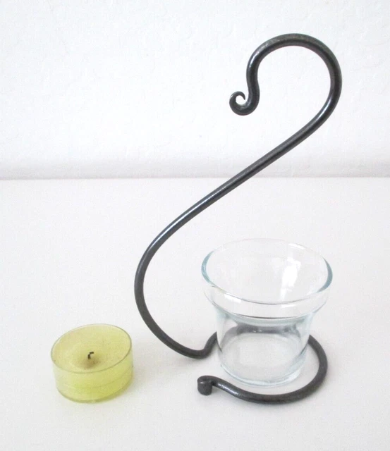 Black Amish Forged Hanging Wrought Iron/Glass Votive Candle Holder 6.5" Vtg AZ32