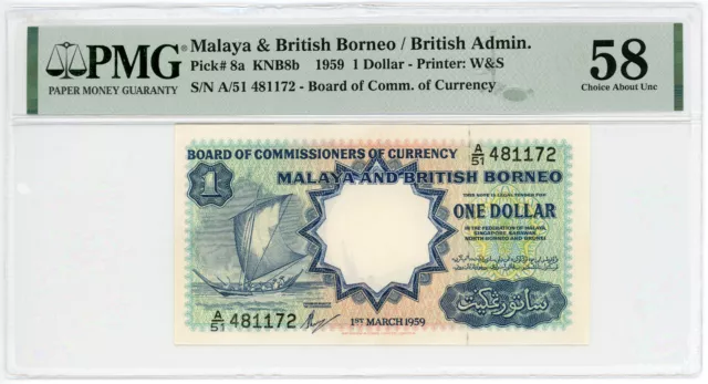 PMG58 AUNC 1959 Malaya & British Borneo $1 One Dollar Waterlow & Sons