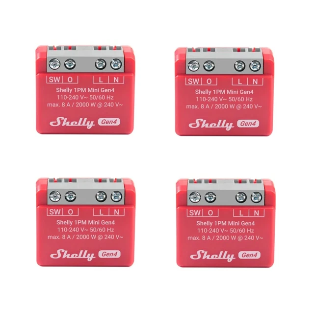 Shelly 1 Mini Gen4, 4-pack, WLAN-smart-relaischakelaar, 1 kanaal, 8A, potentiaalvrij contact, huisautomatisering, afstandsbediening, geen hub nodig, Alexa, Google Home, Apple HomeKit, Zigbee & Matter