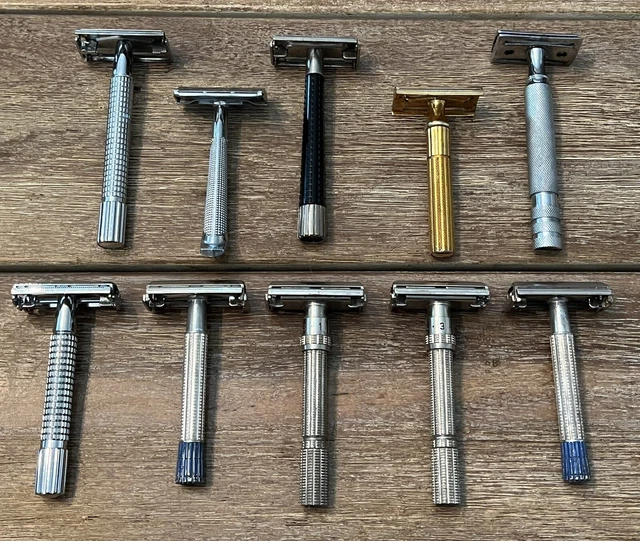 10pc Safety Razor Lot-Vintage/Modern-GILLETTE-GEM-SCHICK-TTO-ADUSTABLE-3 PC-