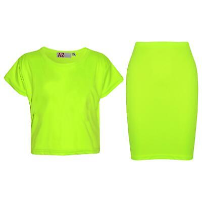 Kids Girls Plain Crop Top & Pencil Skirt Two Piece Outfit Sets Neon Green Dress