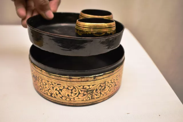 Antique Burmese Betel Nut Box Gilt Lacquerware Myanmar Floral Gold Painted King" 10