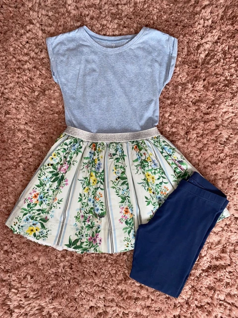 Girls NEXT Floral & Bee Dress & Leggings OUTFIT / 2 PIECE SET - Age 7-8 Years