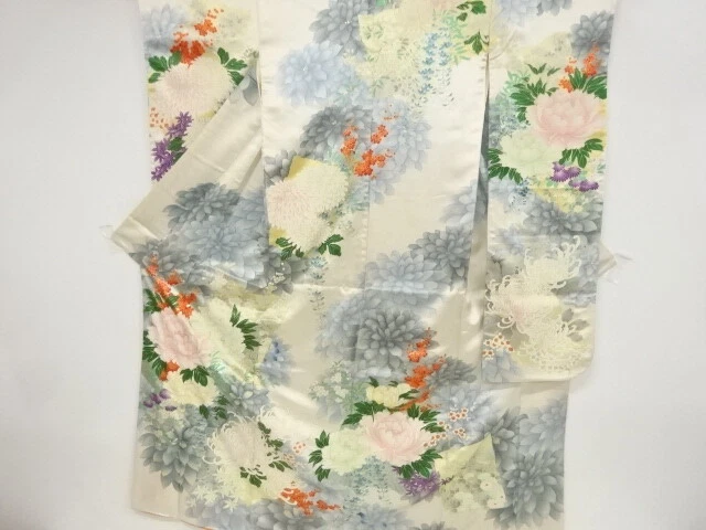 85916# Japanese Kimono / Antique Furisode / Peony With Kiku
