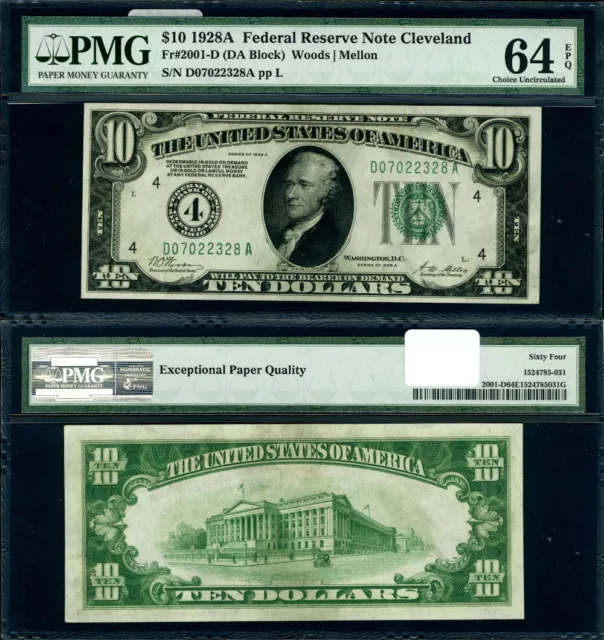 FR. 2001 D $10 1928-A Federal Reserve Note Cleveland D-A Block Choice PMG CU64 E