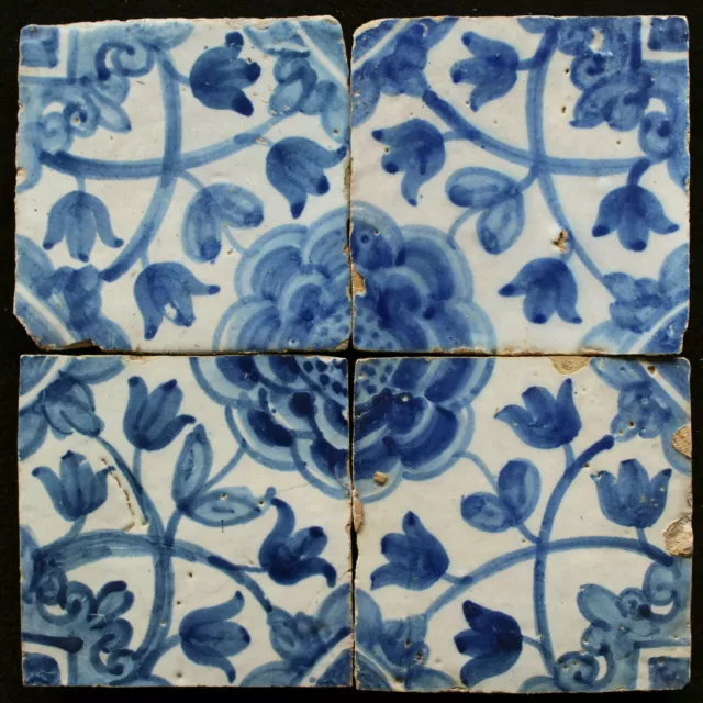 4 original antique Portuguese tiles 17th century Azulejos