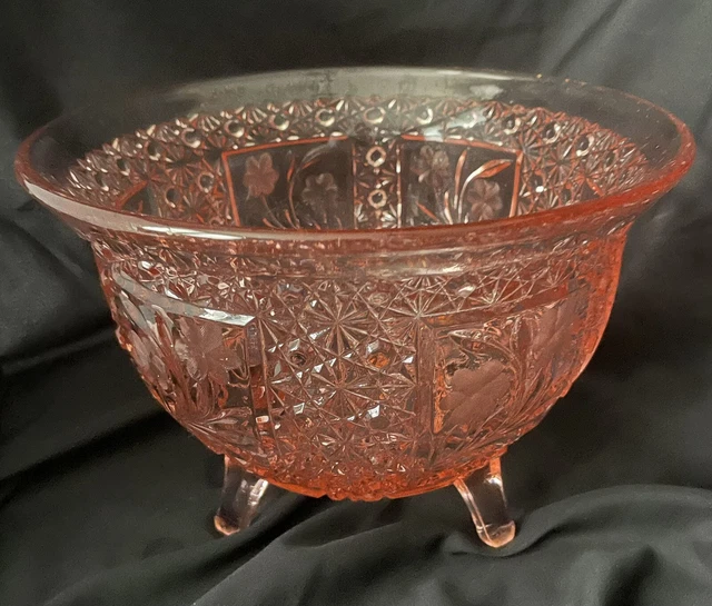 VINTAGE PINK DEPRESSION FLORAL ETCHED ART GLASS Large FOOTED Centerpiece BOWL