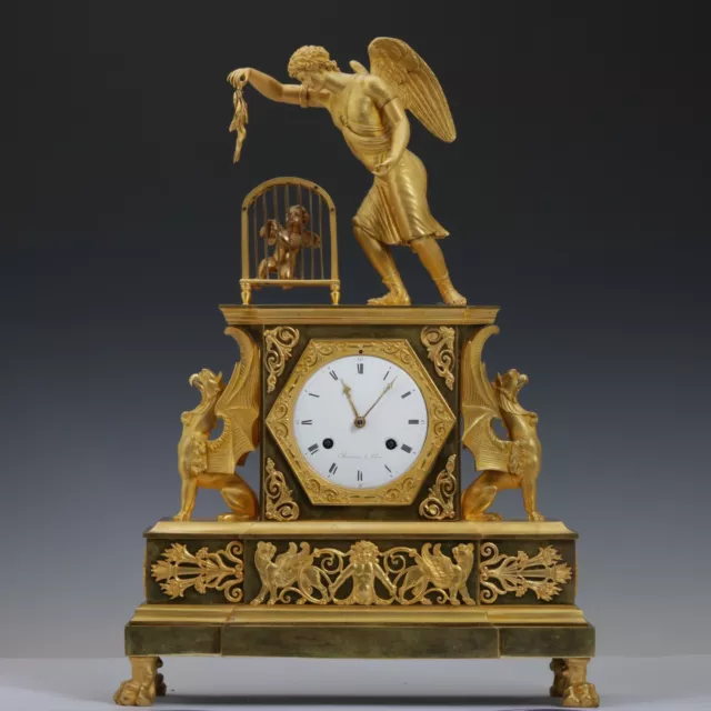 Jean-Louis Rouvière a Paris, 1805 Empire ormolu bronze mantel clock "Allegory of