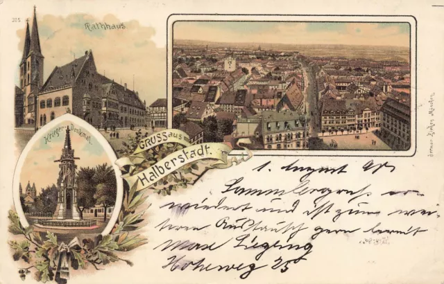 Gruss aus Halberstadt Kriegerdenkmal und Rathaus Sachsen-Anhalt Litho AK 1898