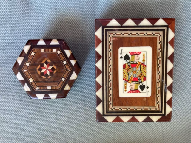 Spanish wooden  inlaid card box and small trinket box