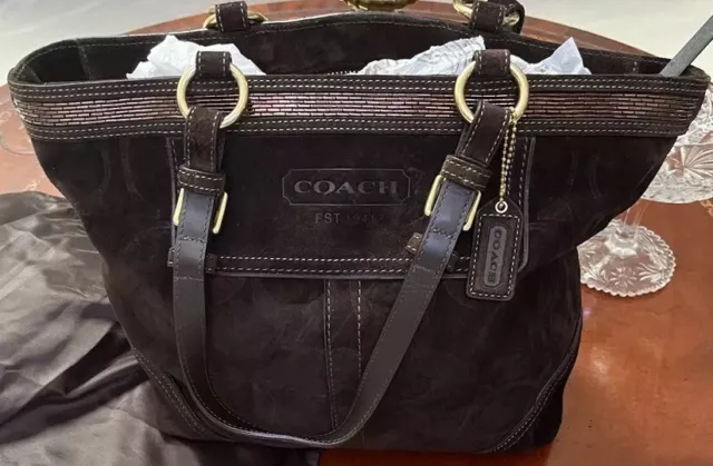 COACH Medium Brown Suede Leather Zipper Close Tote Shoulder Bag