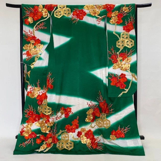 Furisode Color Uchikake VINTAGE Japanese Kimono Silk green classic 1639