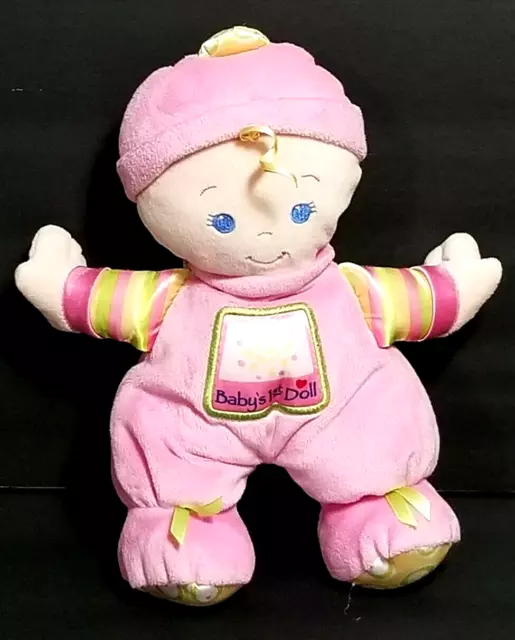 Fisher Price BABYS FIRST DOLL Pink Plush Blonde Curls Blue Eyes Rattle 2008