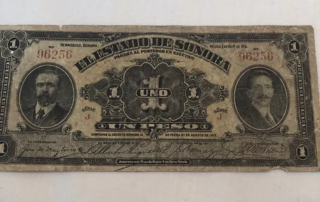 Mexican Revolution 1915 Estado de Sonora 1 Peso Banknote Pesos Mexico STAINED