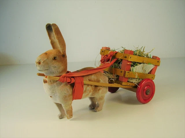 Antike Pappe Füllbox Osterhase mir Wagen vor 1945
