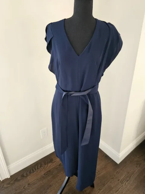 Eliza J Womens Navy Blue V-Neck Cap Sleeves Belted Flutter Sleeve Jumpsuit Sz 8