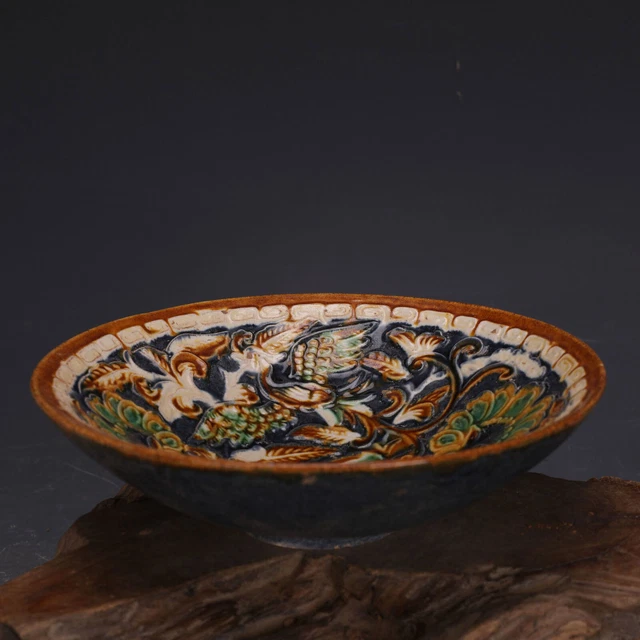 Chinese Tang Tri-Color Glazed Ceramics Carved Phoenix Porcelain Bowl 7.24"