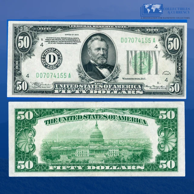 1934 $50 Federal Reserve Note Cleveland, Dark Green Seal, XF+ #74155