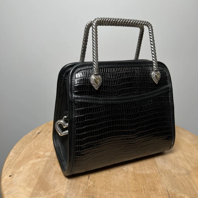 Vintage Brighton Black Croc Leather Tote Silver Metal Pill Box Purse Handbag