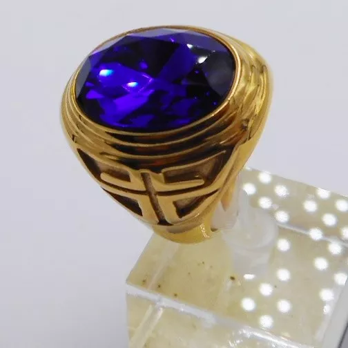 MEN RING BLUE SAPPHIRE STAINLESS STEEL YELLOW GOLD CROSS CHRISTIAN POPE SIZE 8 m