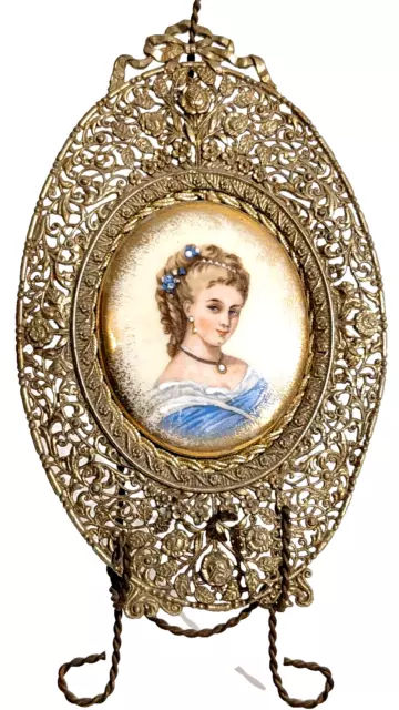 Antique Porcelain Hand Painted Lady Portrait Miniature Gilt Filigree Frame Easel