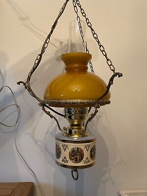 Vintage Ceiling Oil Lamp Blue Amber Glass Shade Ceiling Light