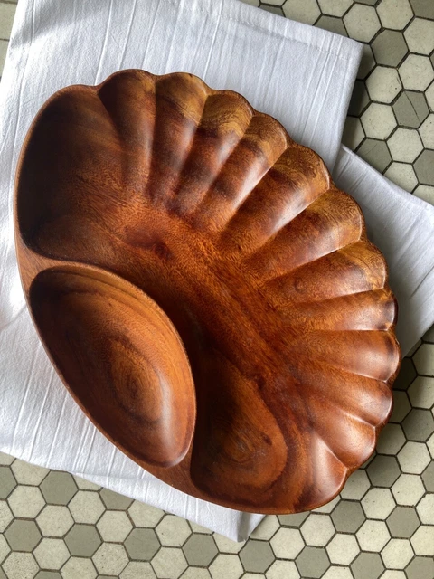 Vintage Kamani Wood Clamshell Chip and Dip Boho Serving Bowl made in Philippines