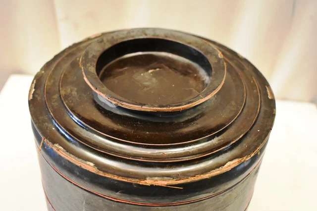 Antique Burmese Lacquerware Lunch Box Storage Container Black Collectibles Rare" 3