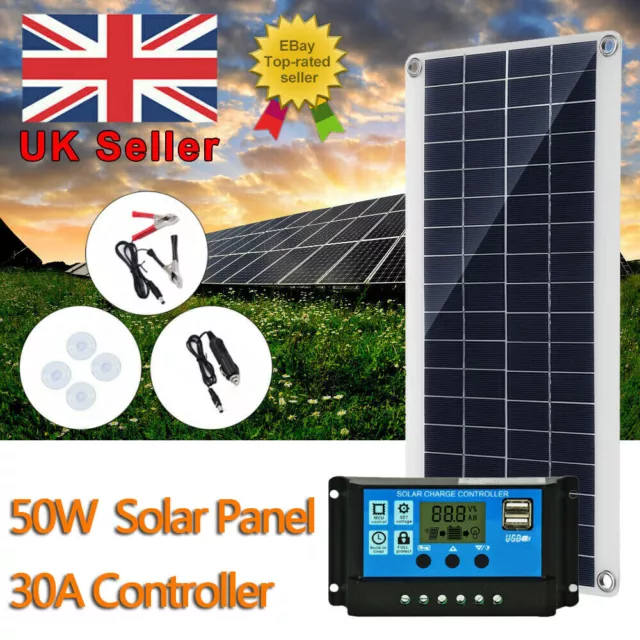 50W Solar Panel Kit 12V Dual USB Battery Charger 30A Controller Caravan Boat UK