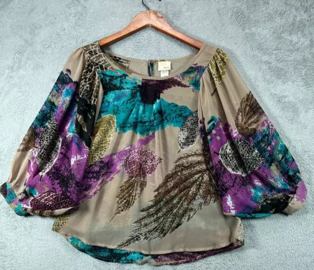 Womens Tops Small Buckle DayTrip Boho Brown Abstract Art Blouse Dolman Sleeve