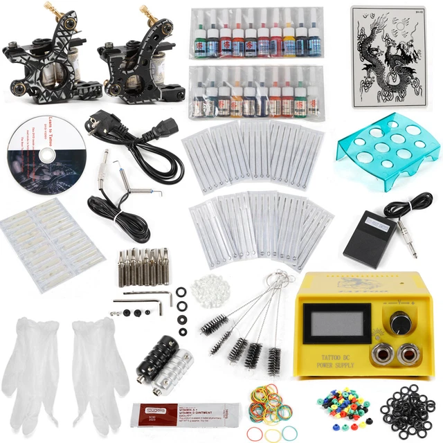 Set completo 2 macchine per tatuaggi macchina per tatuaggi 20 inchiostri 50 ago alimentatore DHL