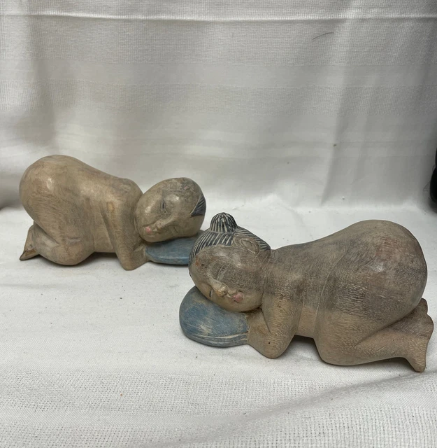 Antique Asian Hand Carved Wood Boy Girl Sleeping Opium Pillows