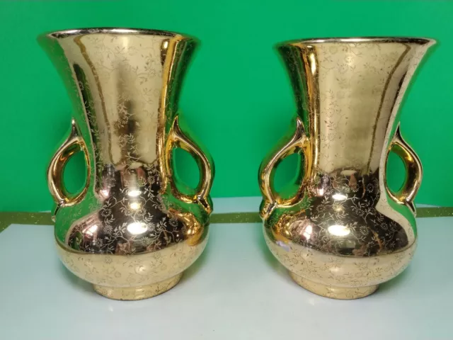 Vintage Pearl China Co. Matching Pair 22k Overlay Vases Pearlized Interior