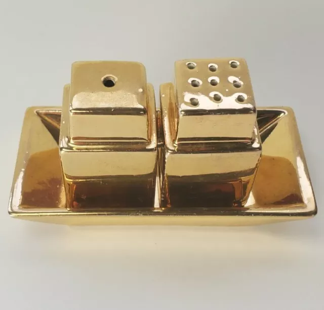 Vintage Royal Winton Grimwades Salt & Pepper  Shakers & Tray Gold Gilt MCM DECO